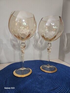 Gold-Trimmed Base Iridescent Amber Tint Balloon Wine Glasses - Set of 2